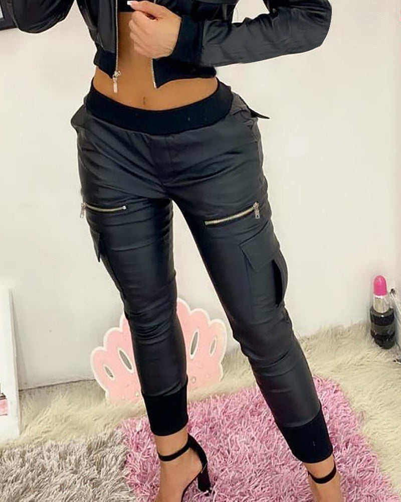 Pantalon noir en PU à nouer - style européen