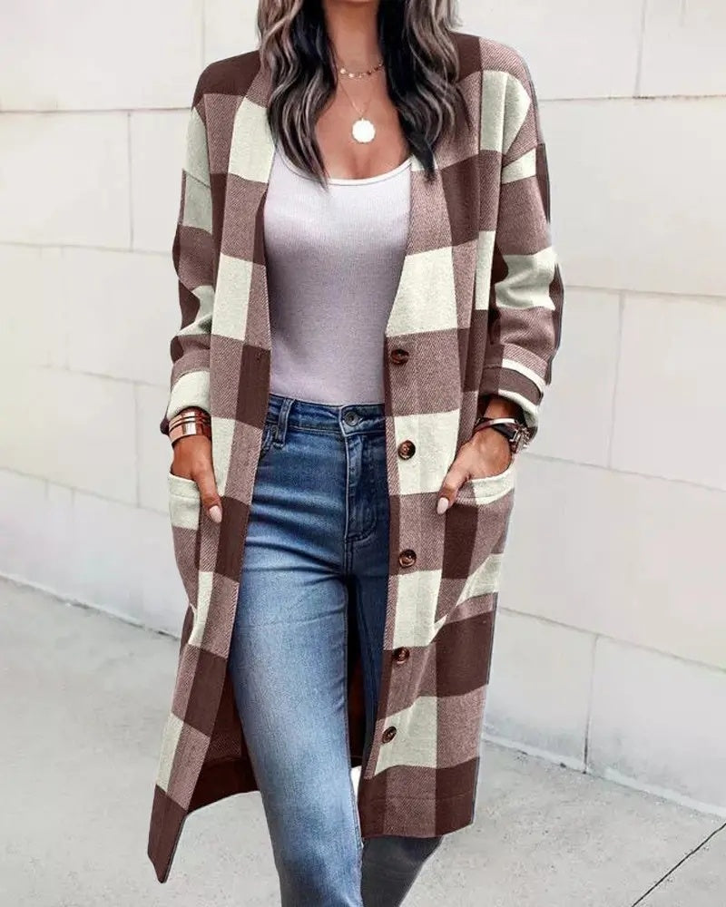 Cardigan tendance en carreaux à boutons avec poches